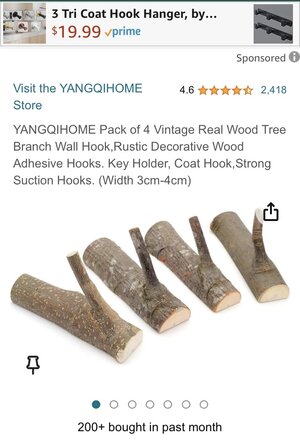 YANGQIHOME Pack of 4 Vintage Real Wood Tree Branch Wall Hook,Rustic Decorative Wood Adhesive Hooks. Key Holder, Coat Hook,Strong Suction Hooks.